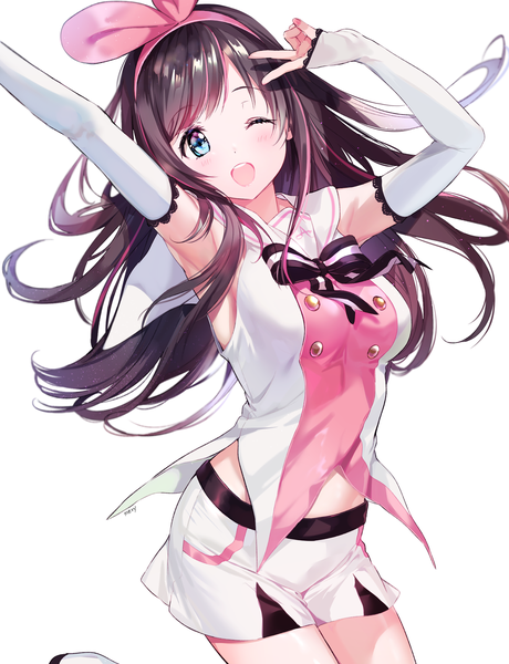 Anime picture 1400x1824 with virtual youtuber a.i. channel kizuna ai mery (yangmalgage) single long hair tall image looking at viewer blush fringe open mouth blue eyes simple background smile brown hair white background payot head tilt one eye closed multicolored hair