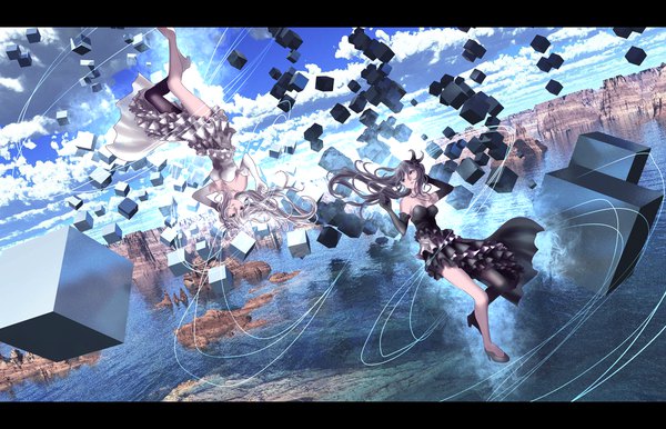 Anime picture 1400x902 with original yusuke (shiota) long hair fringe black hair hair between eyes green eyes looking away sky cleavage cloud (clouds) full body outdoors white hair arm up wind high heels reflection letterboxed upside down