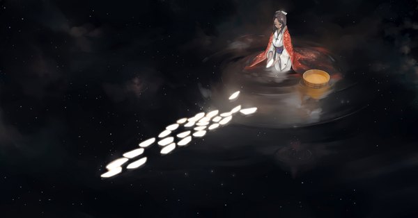 Anime picture 1900x995 with original yong kit lam single long hair highres brown hair wide image sky reflection dark background ripples girl hair ornament water kimono star (stars) obi basket uchikake