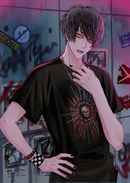 Anime picture 700x978 with original sira tamaooo single tall image looking at viewer fringe short hair black hair standing yellow eyes upper body nail polish head tilt hair over one eye wide sleeves short sleeves hand on hip piercing ear piercing black nail polish