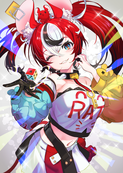 Anime picture 1068x1500 with virtual youtuber hololive hololive english hakos baelz mr. squeaks (hakos baelz) akaike single long hair tall image looking at viewer fringe blue eyes smile hair between eyes twintails animal ears red hair head tilt one eye closed multicolored hair