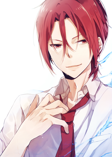 Anime picture 856x1200 with free! kyoto animation matsuoka rin mukkun single tall image fringe short hair simple background hair between eyes red eyes white background looking away red hair parted lips light smile wet portrait low ponytail open collar