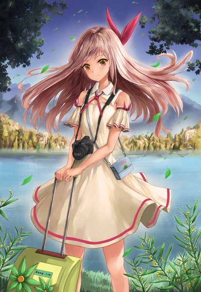 Anime picture 2936x4264 with original wakum single long hair tall image looking at viewer fringe highres brown hair standing bare shoulders holding yellow eyes sky outdoors wind lake brand name imitation girl dress