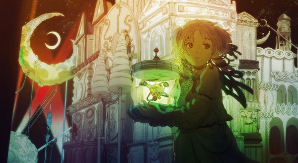 Anime picture 1320x723 with original kaisen wide image sky crescent mechanical girl dress ribbon (ribbons) building (buildings) moon castle