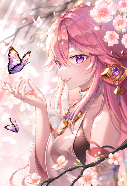 Anime picture 3472x5104 with genshin impact yae miko lisa 78 single long hair tall image looking at viewer blush fringe highres smile hair between eyes purple eyes pink hair absurdres upper body nail polish traditional clothes parted lips japanese clothes