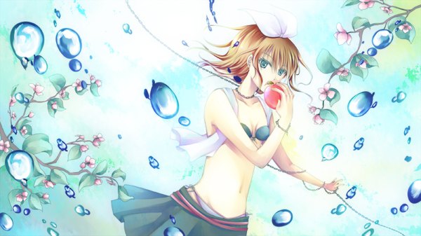 Anime picture 1500x844 with vocaloid out of eden (vocaloid) kagamine rin single short hair blonde hair wide image aqua eyes open clothes open jacket underwater girl skirt flower (flowers) bow hair bow chain bubble (bubbles) fruit bikini top