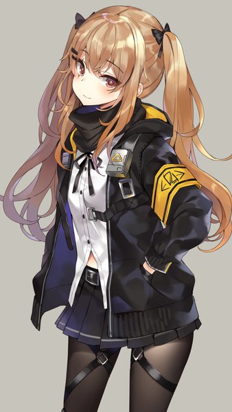 Anime picture 1126x2000 with girls frontline ump9 (girls frontline) hym9594 single long hair tall image looking at viewer blush fringe simple background blonde hair hair between eyes standing twintails brown eyes payot long sleeves head tilt pleated skirt light smile