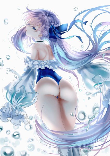 Anime-Bild 1358x1920 mit fate (series) fate/grand order meltryllis (fate) meltryllis (swimsuit lancer) (fate) zasshu single tall image looking at viewer blush fringe open mouth blue eyes light erotic simple background white background signed purple hair ass very long hair profile