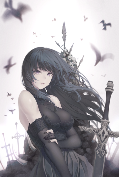 Anime picture 1080x1600 with original limeblock single long hair tall image looking at viewer fringe breasts light erotic black hair large breasts standing purple eyes bare shoulders blunt bangs nail polish parted lips fingernails wind tears