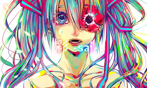 Anime-Bild 3000x1800 mit vocaloid hatsune miku akiakane single long hair highres open mouth wide image twintails bare shoulders multicolored hair tears portrait multicolored eyes girl flower (flowers)