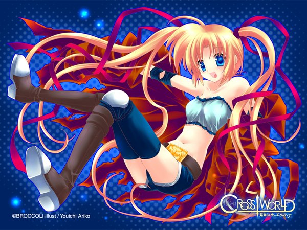 Anime picture 1024x768 with cross world patty aria ariko youichi long hair blush open mouth blue eyes blonde hair twintails bare shoulders signed inscription girl thighhighs navel ribbon (ribbons) hair ribbon shorts belt thigh boots