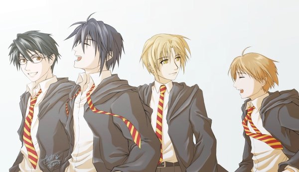 Anime picture 1000x577 with harry potter sirius black james potter remus lupin peter pettigrew cat-cat fringe short hair open mouth black hair simple background blonde hair smile hair between eyes wide image brown eyes signed yellow eyes upper body ahoge