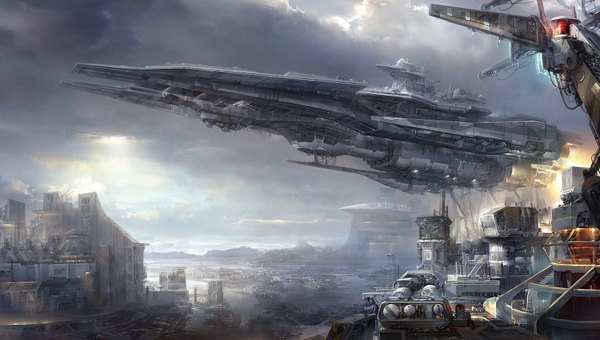 Anime picture 1500x852 with original paperblue wide image sky cloud (clouds) city science fiction panorama aircraft watercraft ship airship