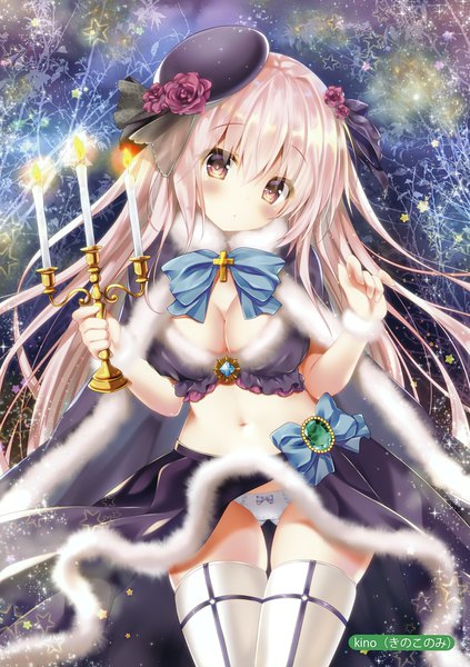 Anime picture 2466x3500 with melonbooks kino (kino konomi) single long hair tall image looking at viewer blush highres breasts light erotic brown eyes cleavage white hair head tilt scan ass visible through thighs skirt lift girl thighhighs skirt