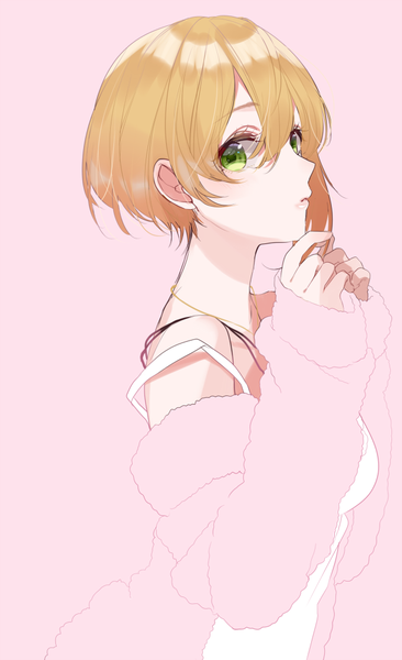 Anime picture 610x1000 with idolmaster idolmaster cinderella girls miyamoto frederica sinsihukunokonaka single tall image looking at viewer fringe short hair simple background blonde hair hair between eyes green eyes upper body profile pink background strap slip girl cardigan