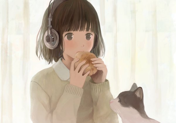 Anime picture 1200x842 with original nakamura hinata blush fringe short hair open mouth brown hair eating girl animal food headphones curtains cat sweater