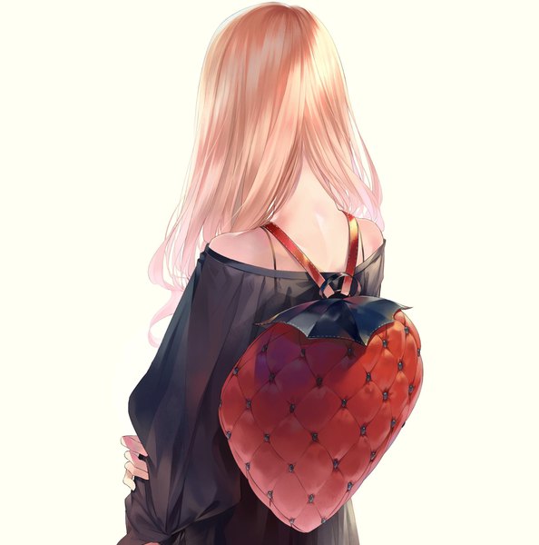 Anime picture 1949x1970 with original sousou (sousouworks) single long hair tall image highres simple background blonde hair white background bare shoulders pink hair long sleeves multicolored hair from behind puffy sleeves gradient hair holding arm girl food fruit