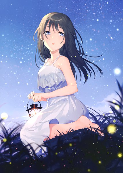 Anime picture 2099x2951 with original achiki single long hair tall image blush fringe highres open mouth blue eyes black hair hair between eyes sitting looking away sky outdoors barefoot scan :o sleeveless