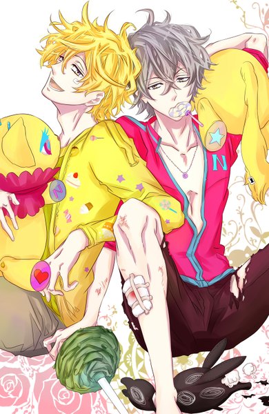 Anime picture 1000x1538 with karneval yogi (karneval) nyanperona (karneval) fishchan tall image looking at viewer fringe short hair open mouth blonde hair sitting yellow eyes grey hair arm behind head dual persona messy hair boy food sweets pendant