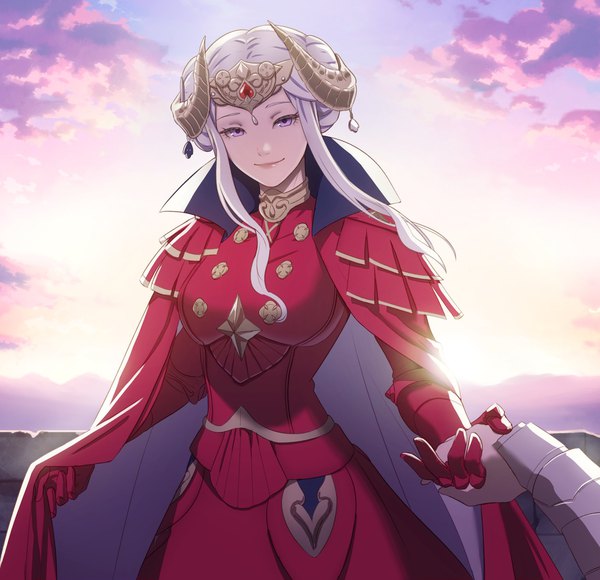 Anime picture 1576x1523 with fire emblem fire emblem: three houses nintendo edelgard von hresvelg byleth (fire emblem) pomelomelon looking at viewer short hair smile standing purple eyes sky silver hair cloud (clouds) outdoors horn (horns) holding hands solo focus girl dress