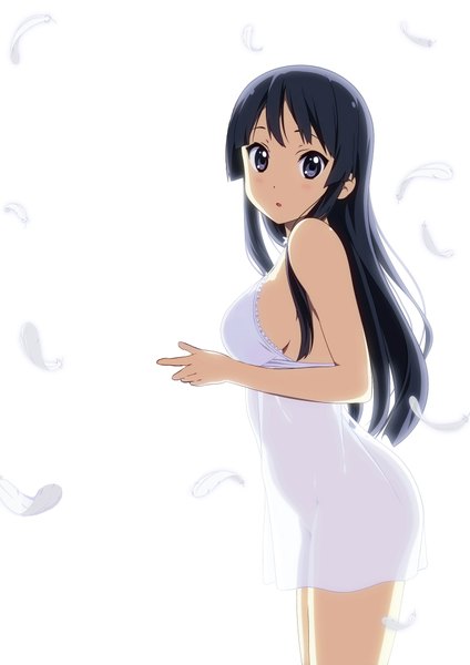Anime picture 1414x2000 with k-on! kyoto animation akiyama mio single long hair tall image looking at viewer blue eyes black hair simple background white background girl feather (feathers) sundress