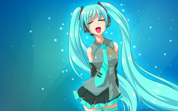 Anime picture 1680x1050 with vocaloid hatsune miku single long hair wide image twintails eyes closed very long hair green hair blue background hands behind back singing girl detached sleeves miniskirt necktie headphones