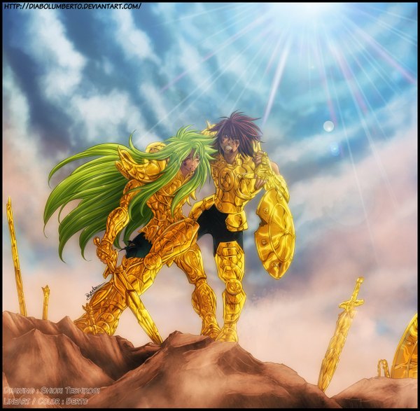 Anime picture 1280x1253 with saint seiya toei animation tagme (character) diabolumberto long hair short hair red eyes brown hair brown eyes sky cloud (clouds) one eye closed green hair wink sunlight grin coloring boy weapon sword