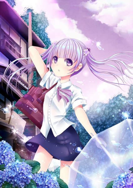Anime picture 1060x1500 with new game! doga kobo suzukaze aoba kenneos single long hair tall image looking at viewer blush fringe open mouth standing purple eyes twintails holding sky purple hair cloud (clouds) outdoors blunt bangs