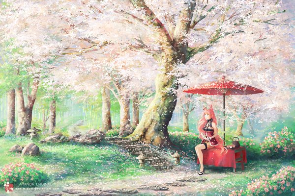 Anime picture 1333x889 with original sae-midori single long hair fringe smile sitting bare shoulders holding pink hair aqua eyes high heels sleeveless cherry blossoms fox girl looking up girl flower (flowers) plant (plants) petals