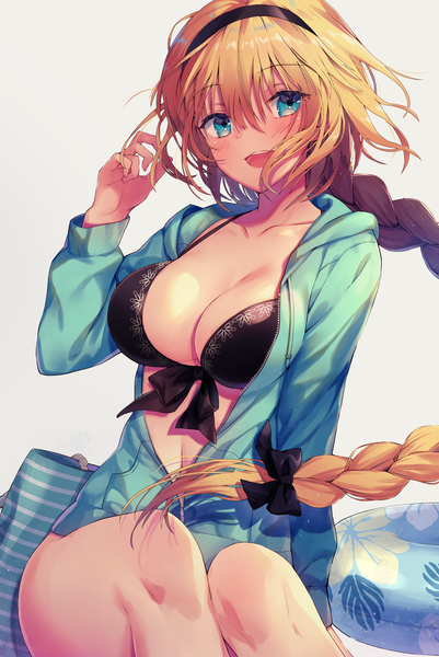Anime picture 1200x1794 with fate (series) fate/grand order jeanne d'arc (fate) (all) jeanne d'arc (swimsuit archer) kuro futoshi single tall image looking at viewer blush fringe breasts open mouth light erotic simple background blonde hair hair between eyes large breasts sitting payot cleavage