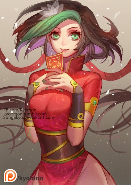 イラスト 744x1053 と league of legends jinx (league of legends) songjikyo ソロ 長身像 light erotic 黒髪 笑顔 緑の目 very long hair traditional clothes multicolored hair green hair two-tone hair streaked hair chinese clothes インナーカラー 女の子 中国服