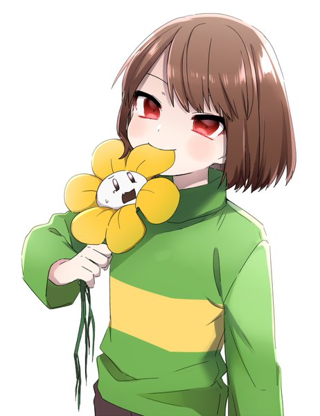 Anime picture 662x860 with undertale chara (undertale) flowey (undertale) sssssleft single tall image blush fringe short hair simple background red eyes brown hair standing white background holding upper body eating androgynous flower (flowers) sweater