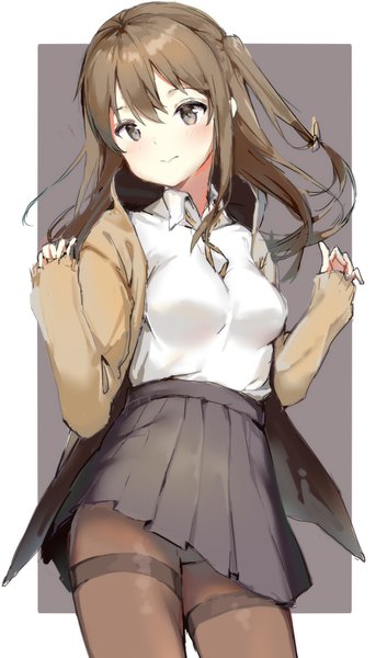 Anime-Bild 953x1618 mit girls frontline k-2 (girls frontline) nather single long hair tall image blush fringe light erotic brown hair standing looking away pleated skirt light smile black eyes one side up border spread arms girl skirt