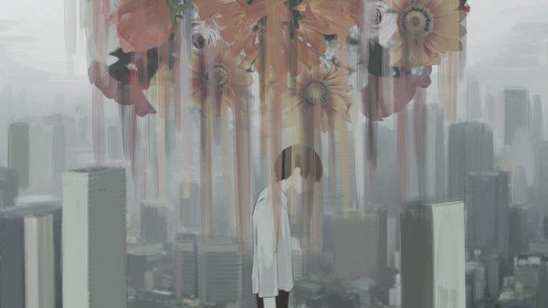 Anime picture 1280x720 with original avogado6 single short hair black hair wide image standing profile city looking down cityscape boy flower (flowers) rose (roses) tulip