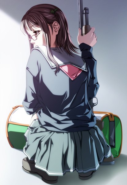 Anime picture 690x1000 with original rezi single long hair tall image simple background brown hair brown eyes from behind girl weapon glasses serafuku gun bag rifle