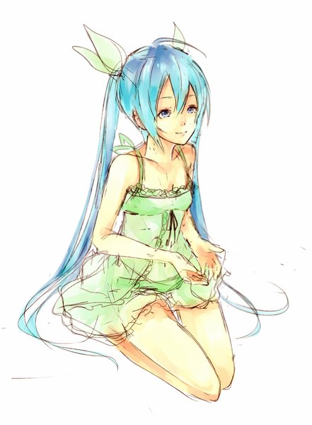 Anime picture 2796x3799 with vocaloid hatsune miku pyon0x0 single long hair tall image highres blue eyes simple background white background sitting twintails bare shoulders light smile aqua hair girl sundress