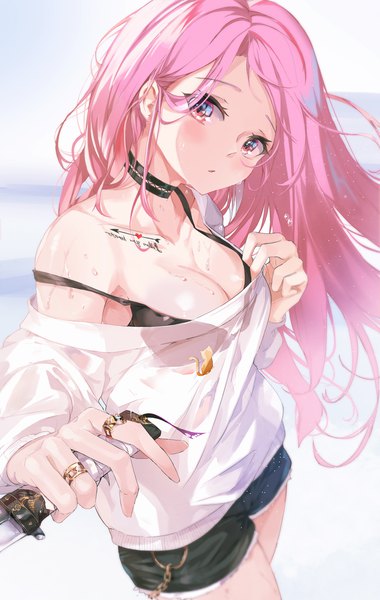 Anime picture 2120x3346 with original kooemong single long hair tall image looking at viewer blush fringe highres breasts light erotic red eyes large breasts standing holding pink hair cleavage head tilt wind off shoulder