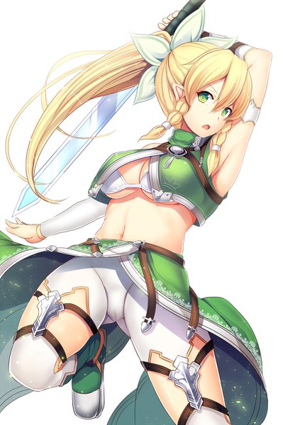 Anime picture 900x1354 with sword art online a-1 pictures leafa daiaru single long hair tall image breasts open mouth light erotic simple background blonde hair white background green eyes looking away ponytail pointy ears girl thighhighs navel