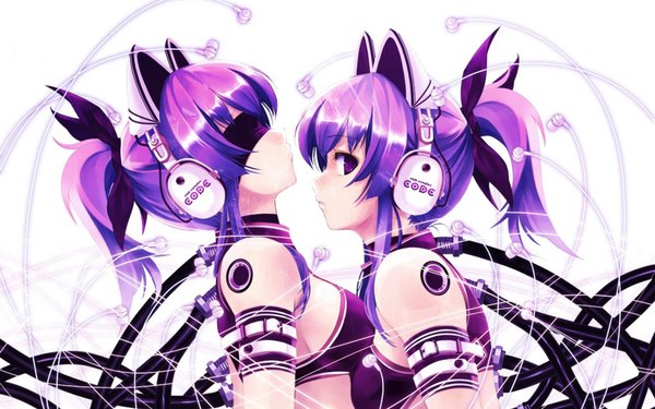 Anime picture 1920x1200 with exit tunes misaki kurehito cradle (artist) long hair looking at viewer blush highres breasts light erotic wide image purple eyes multiple girls animal ears purple hair ponytail cat ears wallpaper breast press blindfold symmetrical docking