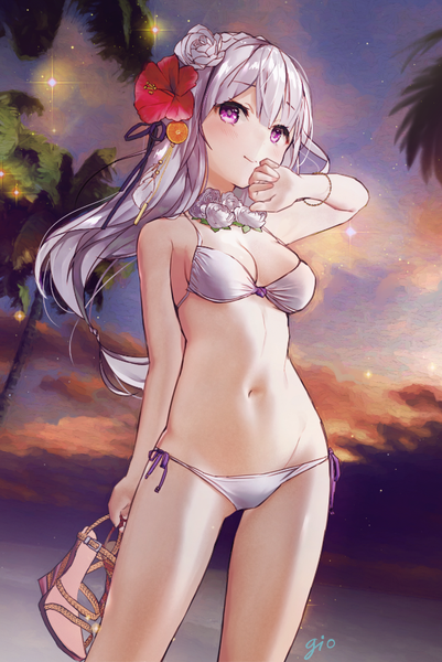 Anime picture 633x946 with re:zero kara hajimeru isekai seikatsu white fox emilia (re:zero) gio (maroon0924) single long hair tall image looking at viewer blush fringe light erotic smile standing purple eyes holding signed cleavage silver hair cloud (clouds) outdoors