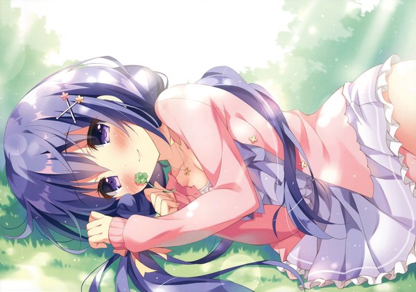 Anime picture 4823x3394 with original pan (mimi) single long hair looking at viewer blush highres breasts light erotic smile purple eyes twintails holding absurdres purple hair ahoge lying sunlight girl skirt