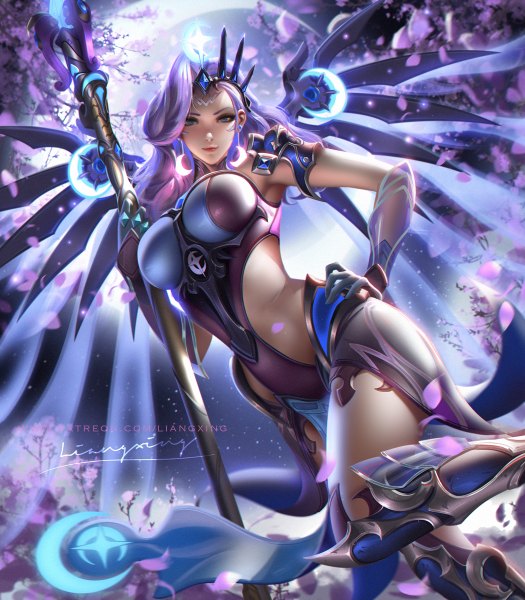 Anime picture 1050x1200 with overwatch blizzard entertainment mercy (overwatch) atlantic mercy liang xing single long hair tall image looking at viewer breasts blue eyes light erotic holding signed purple hair light smile realistic night night sky hand on hip