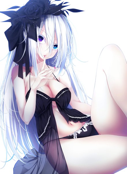 Anime picture 1375x1875 with original yoaferia single long hair tall image looking at viewer fringe breasts blue eyes light erotic simple background hair between eyes white background purple eyes cleavage silver hair nail polish heterochromia finger to mouth symbol-shaped pupils