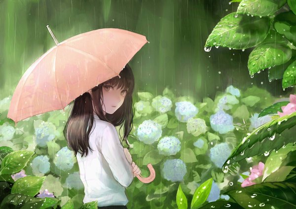 Anime picture 3507x2480 with original romiy single long hair looking at viewer fringe highres open mouth brown hair standing holding brown eyes absurdres looking back rain girl flower (flowers) plant (plants) shirt leaf (leaves)