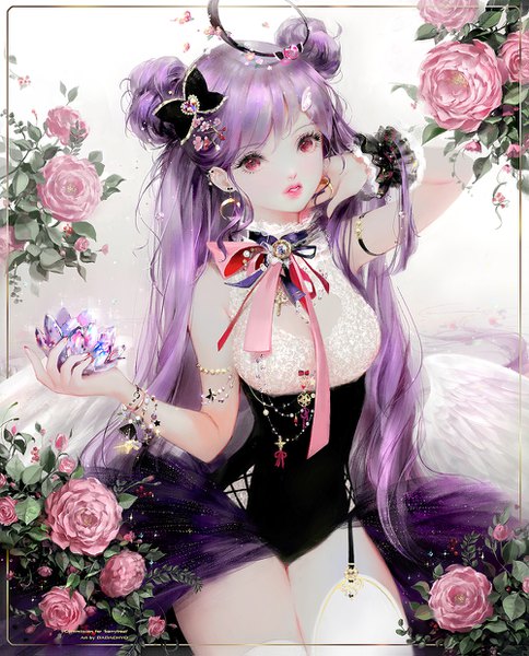 Anime picture 1000x1239 with original dadachyo single tall image looking at viewer light erotic red eyes sitting holding purple hair very long hair parted lips hair bun (hair buns) lipstick border adjusting hair pink lipstick white wings low wings girl