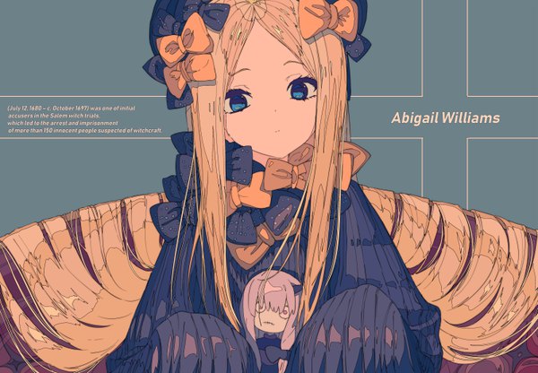 Anime picture 5908x4102 with fate (series) fate/grand order abigail williams (fate) lavinia whateley (fate/grand order) kogecha (coge ch) single long hair looking at viewer highres blue eyes blonde hair absurdres upper body head tilt character names text english girl bow hair bow