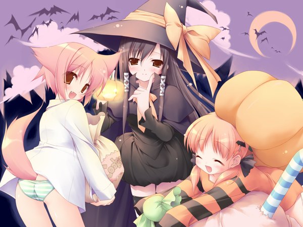 Anime picture 1600x1200 with sakura musubi cuffs (studio) akino momiji kiriyama sakura sera karen chikotam light erotic multiple girls animal ears ass tail wallpaper striped halloween dog ears dog tail girl underwear panties hat