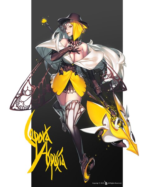 Anime picture 1200x1500 with original zombeing single tall image looking at viewer short hair breasts light erotic blonde hair smile large breasts yellow eyes cleavage profile zettai ryouiki hand on chest insect wings mechanical wings girl thighhighs