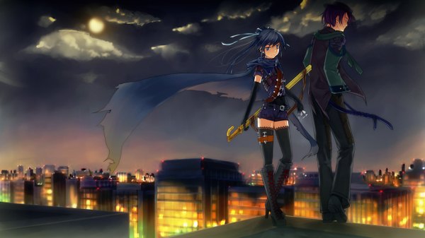 Anime picture 1280x720 with original long hair short hair blue eyes black hair wide image blue hair sky purple hair cloud (clouds) ponytail night couple torn clothes city lights girl thighhighs boy gloves weapon