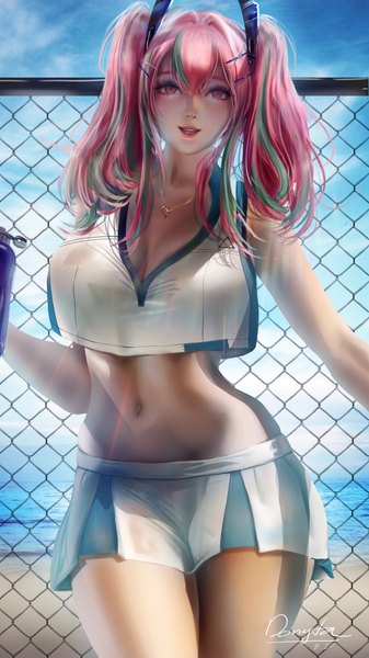 Anime picture 1973x3508 with azur lane bremerton (azur lane) bremerton (scorching-hot training) (azur lane) donyta single long hair tall image looking at viewer blush fringe highres breasts light erotic smile hair between eyes large breasts standing twintails holding signed